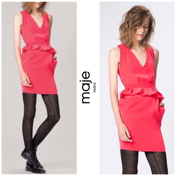 NWT Maje Paris Framboise Red Peplum Sheath Dress - Picture 2 of 15